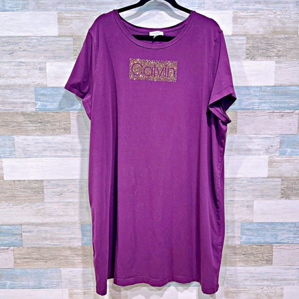 CALVIN KLEIN Gold Embellished Logo T Shirt Dress Womens 3X